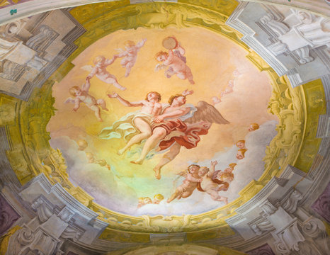 CREMONA, ITALY - MAY 24, 2016: The Fresco Of Apotheosis Of Saint On Vault Of Side Chapel In Chiesa Di San Sigismondo By Artists Giulio Campi, Bernardino Campi E Bernardino Gatti (1564 - 1567).