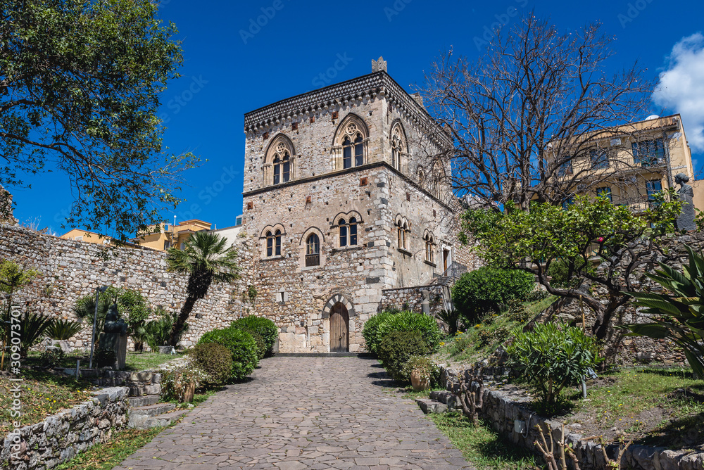 Sticker Building of Palazzo Duchi di Santo Stefano in Taormina city, Sicily Island, Italy