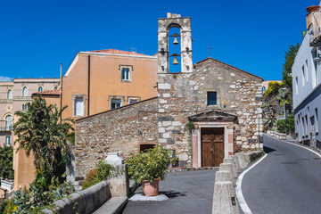 Fototapeta na wymiar Front view of Archangel Michael Church on Pietro Rizzo street in Taormina city, Sicily Island, Italy