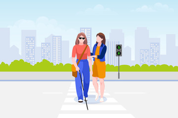 Woman helps blind woman cross road. Taking care of disability people. Vector illustration. Social support concept