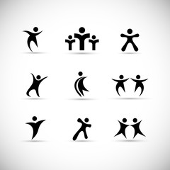 Abstract People Logo Set. Human Figure Isolated On Gray Background. Icons Collection For Human Success, Celebration Logo, Achievement Symbol And Activity. Different Happy People. Figure Logo, Vector