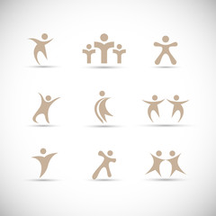 Abstract People Logo Set. Human Figure Isolated On Gray Background. Icons Collection For Human Success, Celebration Logo, Achievement Symbol And Activity. Different Happy People. Figure Logo, Vector