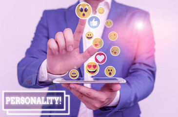 Writing note showing Personality. Business concept for combination characteristics that form...