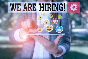 Word writing text We Are Hiring. Business photo showcasing recently you employ someone or pay...