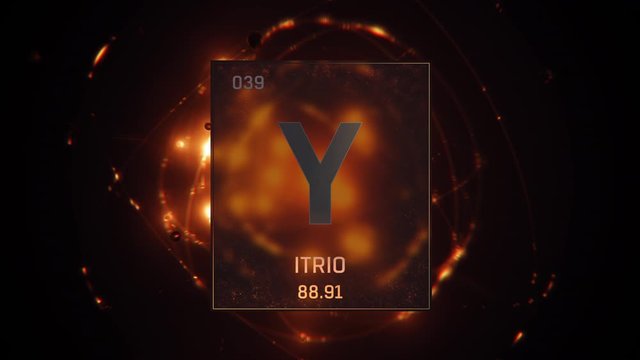 Strontium as Element 38 of the Periodic Table. Seamlessly looping 3D animation on orange illuminated atom design background with orbiting electrons. Name, atomic weight, element number in Spanish lang