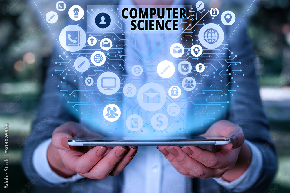 Poster handwriting text computer science. conceptual photo study of both computer hardware and software des