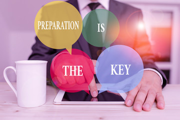Handwriting text writing Preparation Is The Key. Conceptual photo it reduces errors and shortens the activities Male human wear formal clothes present presentation use hi tech smartphone