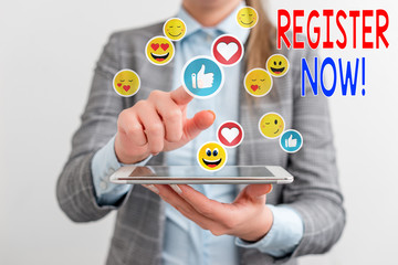 Writing note showing Register Now. Business concept for official list or record showing or things into forum