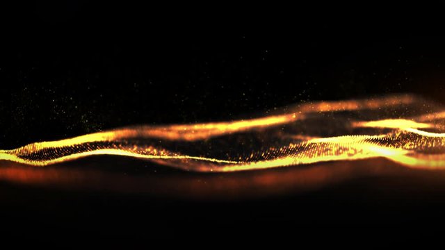 Digital particles wave flow gold color with bokeh abstract motion background concept