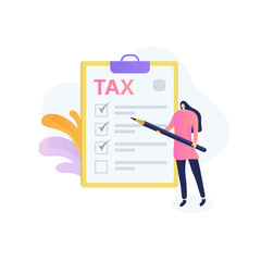 Tax form modern flat illustrations isolated on white background. People holding a pencil with tax form on clipboard vector