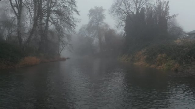 4k Aerial Shot Moving Along Tenebrous River Surrounded by Trees and Heavy Fog