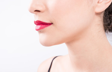 Perfect natural lip makeup. Close up macro photo with beautiful female mouth.
