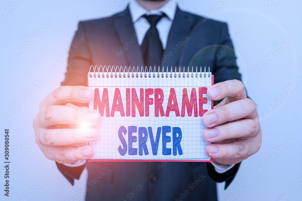 Poster writing note showing mainframe server. business concept for designed for processing large amounts of