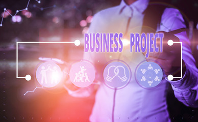 Writing note showing Business Project. Business concept for Planned set of interrelated tasks to be executed over time