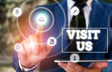 Conceptual hand writing showing Visit Us. Concept meaning Invitation Watch A web page Link to Homepage Blog Internet