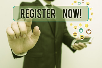 Handwriting text Register Now. Conceptual photo official list or record showing or things into web or forum