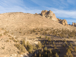 Rocks in a beautifully beautiful desert canyon. Smith Rock State Park National Park. Oregon State. Top view