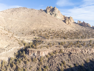 Rocks in a beautifully beautiful desert canyon. Smith Rock State Park National Park. Oregon State. Top view