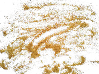 Pile of wood shavings and wood powder isolated on white background. Wood sawdust on white background.