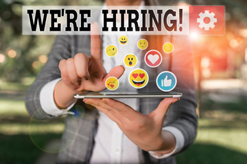 Word writing text We Re Hiring. Business photo showcasing recently employ someone or pay someone to do particular job