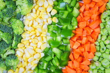 Vegetables and fruits background healthy food for life Assorted fresh fruit yellow and green vegetables mixed selection various broccoli bell pepper carrot corn slice and yardlong beans for health