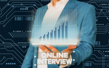 Conceptual hand writing showing Online Interview. Concept meaning method conducted using...