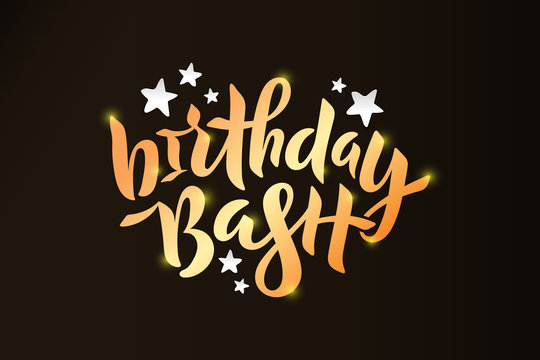 Vector stock illustration of Birthday Bash inscription with paper cut stars for greeting card, invitation. Golden hand lettering calligraphy for birthday party, anniversary. EPS 10