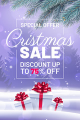 Christmas sale web banner with seasonal decorations. Realistic gift box with red ribbon bow and branch of christmas tree. Festive design of Christmas sale weekend. Special offer discount up to 75 off