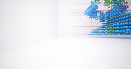 Abstract white interior from array colored spheres with window. 3D illustration and rendering.