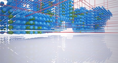 Abstract white interior from array colored spheres with window. 3D illustration and rendering.