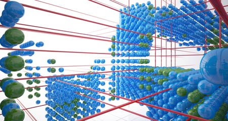 Abstract white interior from array colored spheres with window. 3D illustration and rendering.