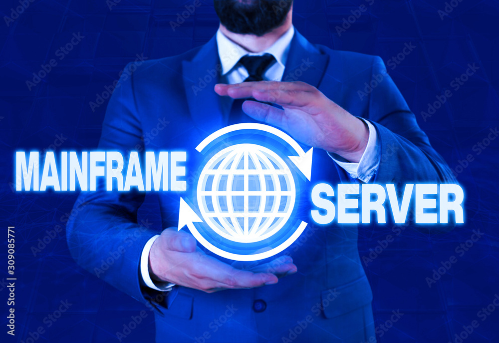 Poster writing note showing mainframe server. business concept for designed for processing large amounts of
