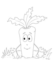 happy cartoon carrot in ground. black and white illustration