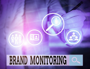 Writing note showing Brand Monitoring. Business concept for process to proactively monitor the...