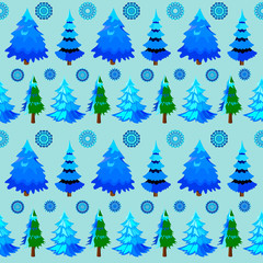 Obraz premium Christmas or new year Wallpaper with Christmas trees and snowflakes on a blue background.
