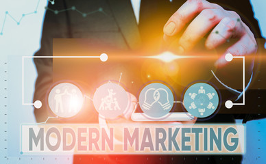 Text sign showing Modern Marketing. Business photo showcasing methodology that connects brands with real customer