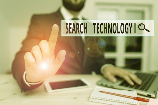 Word writing text Search Technology. Business photo showcasing service that allows Internet users to search for content Male human wear formal clothes present presentation use hi tech smartphone