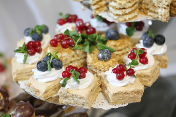 Mini cakes decorated with whipped cream and fresh red currant. Sweet tasty snacks at the party. Food photography. Lots of pastry pieces on the plate