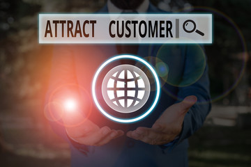 Word writing text Attract Customer. Business photo showcasing to bring more customers or clients to...