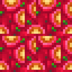 Tomato salad seamless pattern for pixel art style game, fabric textures. Isolated vector illustration. 1-bit. Design for stickers, logo, web, mobile app. 