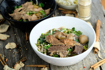 Thai style noodle blood soup, delicious dish, famous Thai noodle soup. Thai Boat noodles soup or Guay tiew reua , Thai localfood