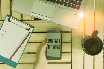 Text sign showing Internet Network. Business photo text connects computers together globally using...
