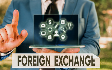 Conceptual hand writing showing Foreign Exchange. Concept meaning system for dealing in the...