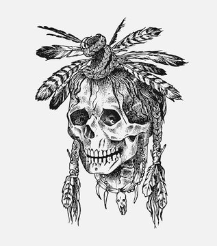 Human skull. Dead Native American Indian with feathers in vintage style. Retro old school sketch for tattoo. Monochrome Hand drawn engraved retro badge for t-shirt, banner poster and logo.