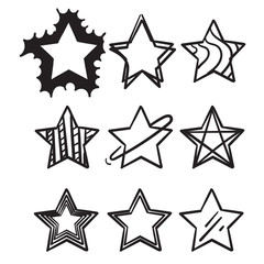 collection of hand drawn doodle stars illustration with cartoon line art style isolated on white background