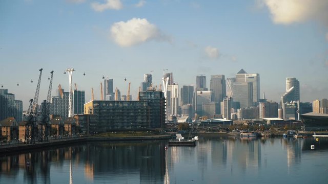 Beautiful view of the Emirates Air Line cable cars, the first urban cable car running across the Thames from the O2 to the Excel center. Action. London, United Kingdom