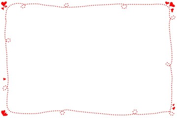 Hand drawing. Red line dot border with curve and many hearts on white background. Cute frame. Can be use for any card, web, lable, banner, sticker or brochure. Copy space. Valentine's day.