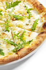 White Four Cheeses Pizza Isolated on White Background Close up