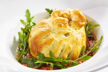 Baked Burrata Cheese with Tomato Sauce and Fresh Arugula Leaves