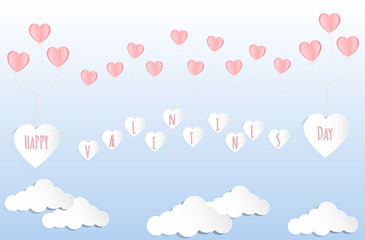 Fototapeta na wymiar Valentines day concept background. Vector illustration. Pink paper hearts fly with white paper heart on blue sky and cloud. Cute love sale banner or greeting card